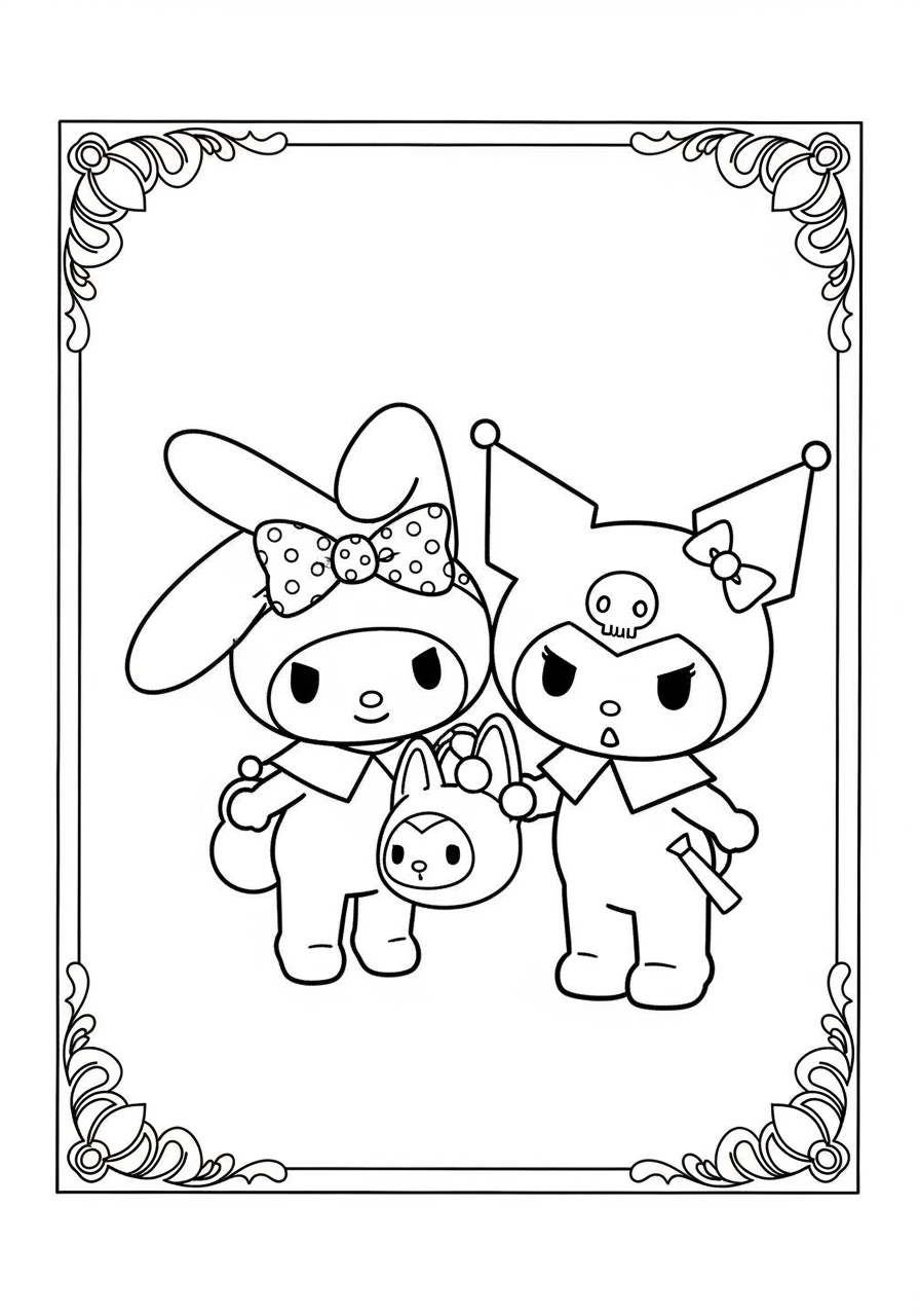 Desenho My Melody e kuromi com acessórios para colorir