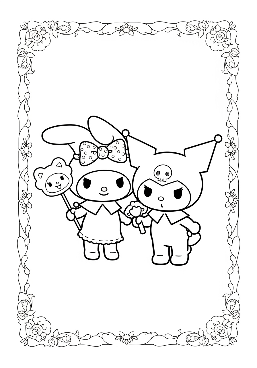 Desenho My Melody e kuromi segurando bastões de doces
