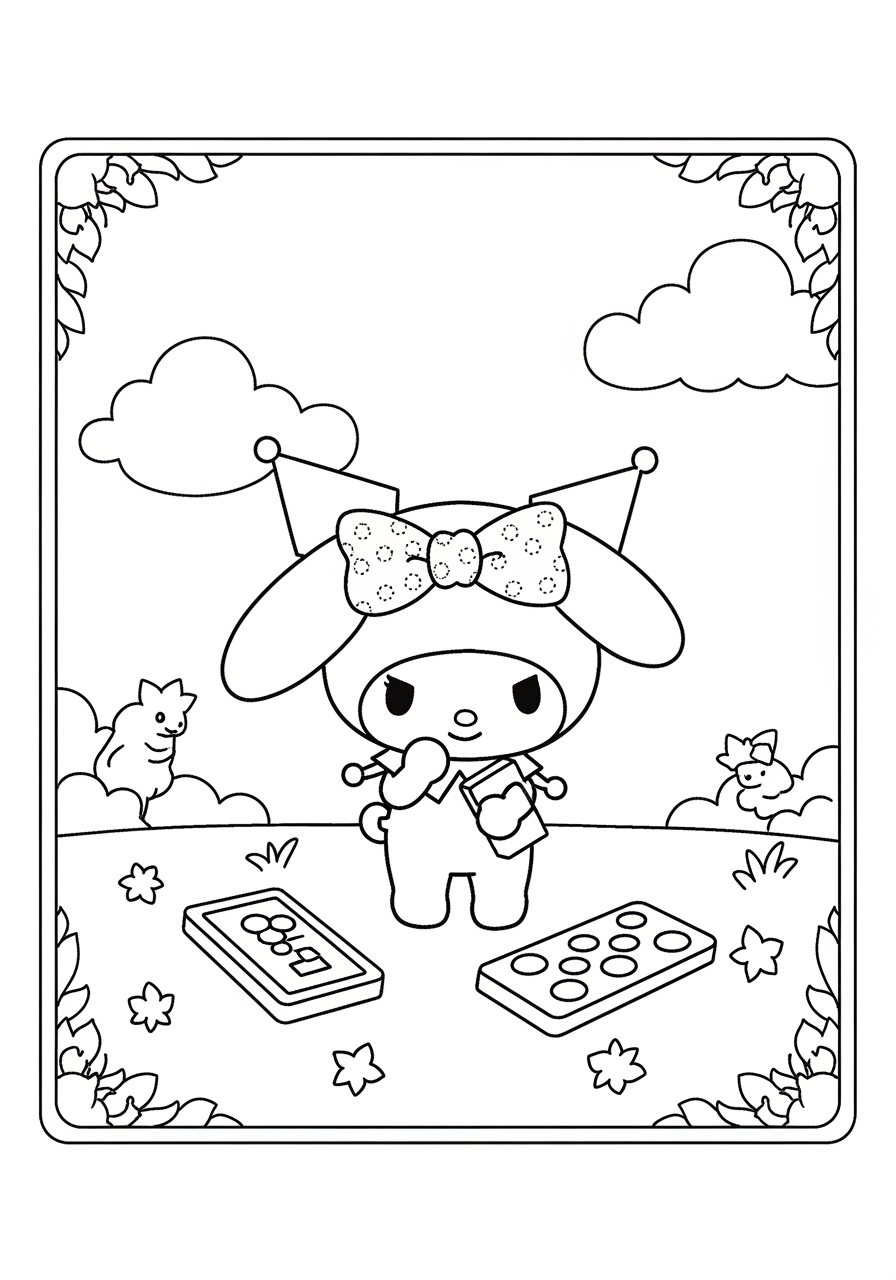 Desenho My Melody segurando um pincel entre flores