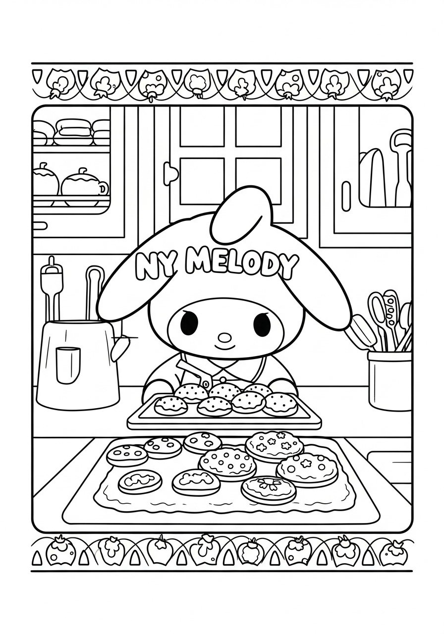 Desenho My Melody assando biscoitos na cozinha para colorir
