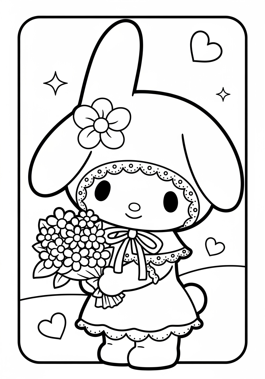 Desenho My Melody segurando um buquê de flores