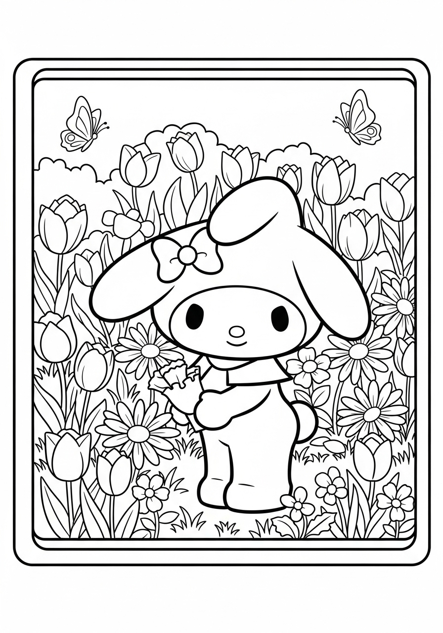 Desenho de My Melody entre flores com borboletas para colorir