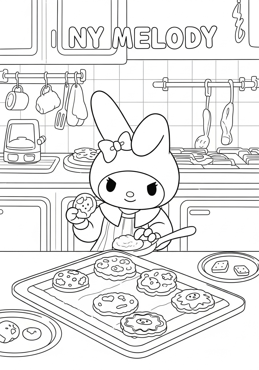 Desenho My Melody fazendo biscoitos na cozinha