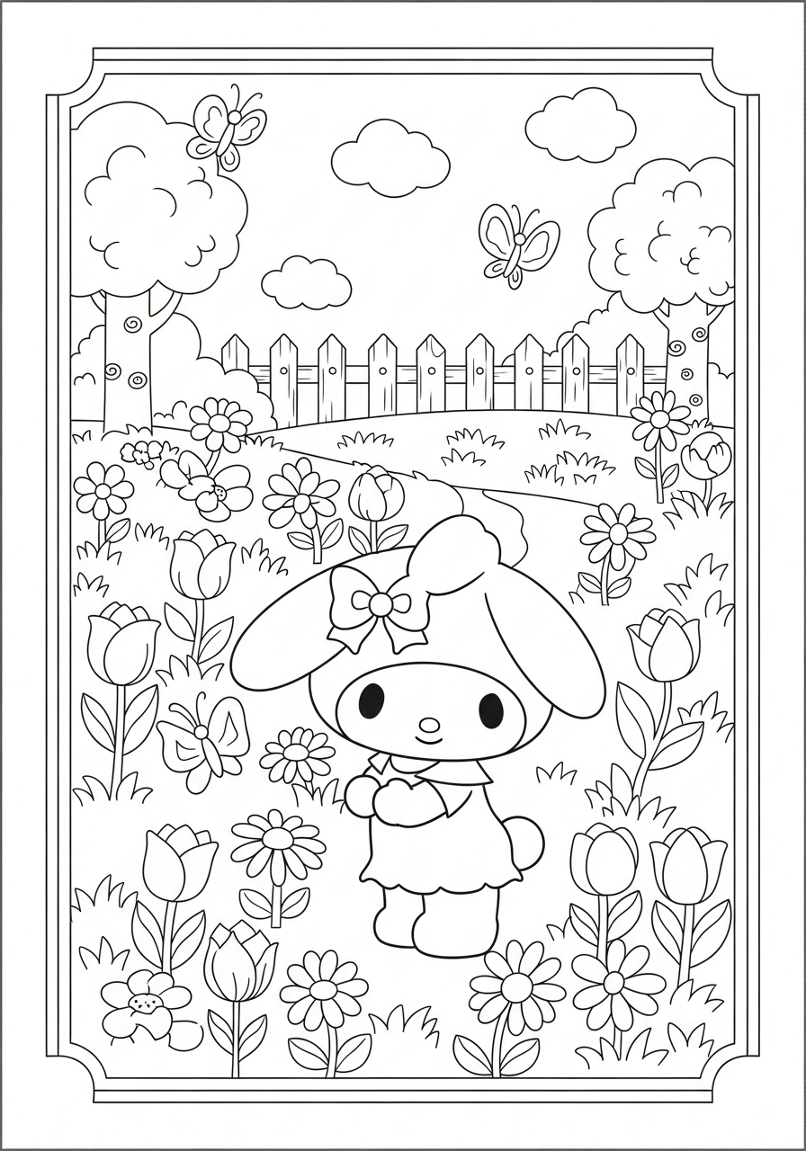 Desenho My Melody cercada por flores e natureza para colorir