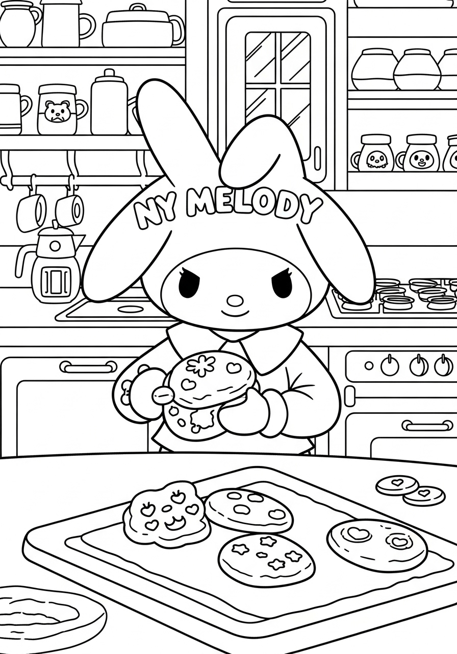 Desenho My Melody segurando biscoitos em uma cozinha