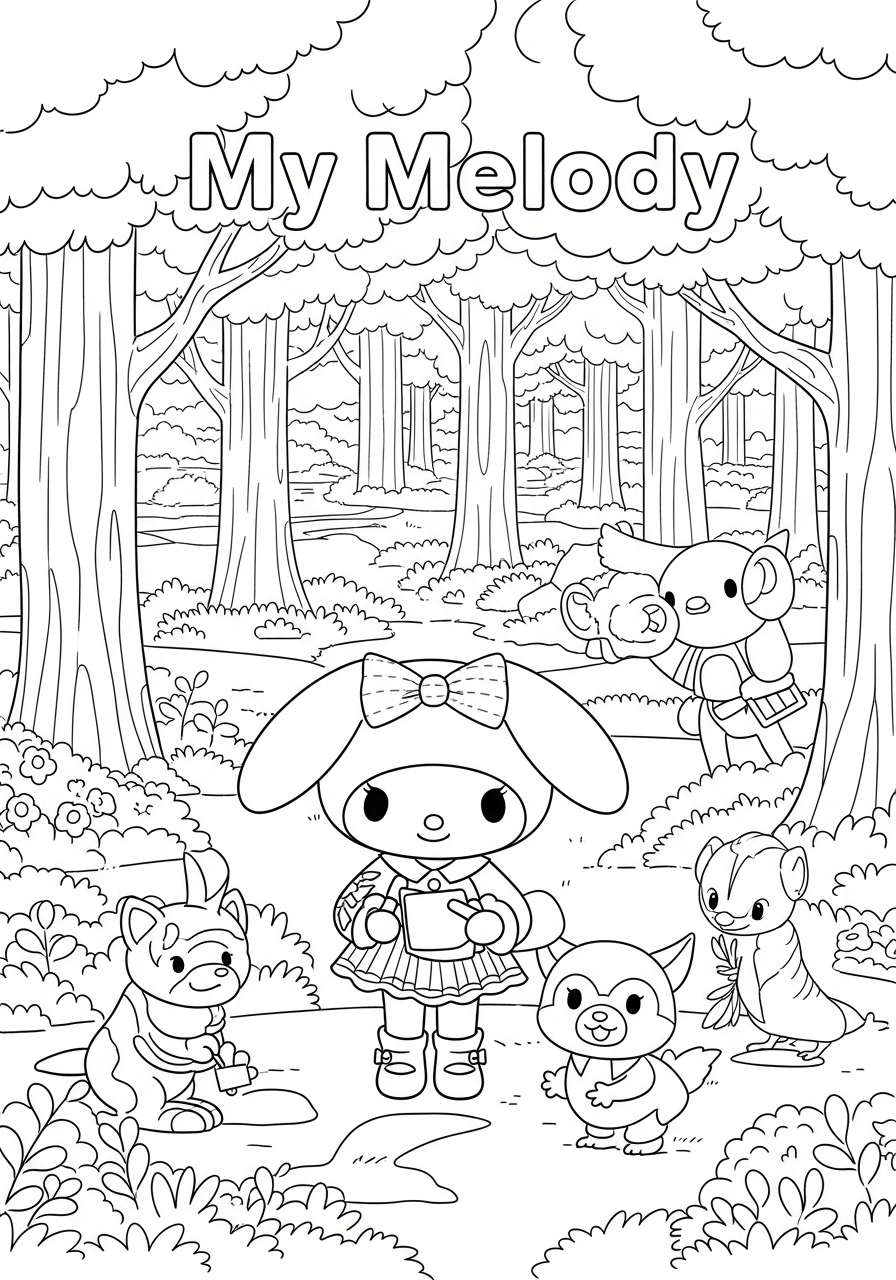 Desenho My Melody com animais na floresta para colorir