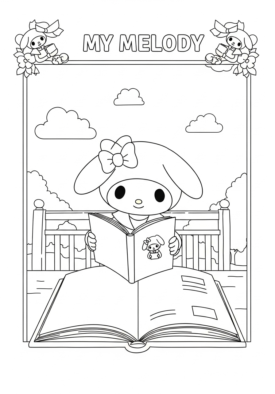 Desenho My Melody lendo um livro em um parque