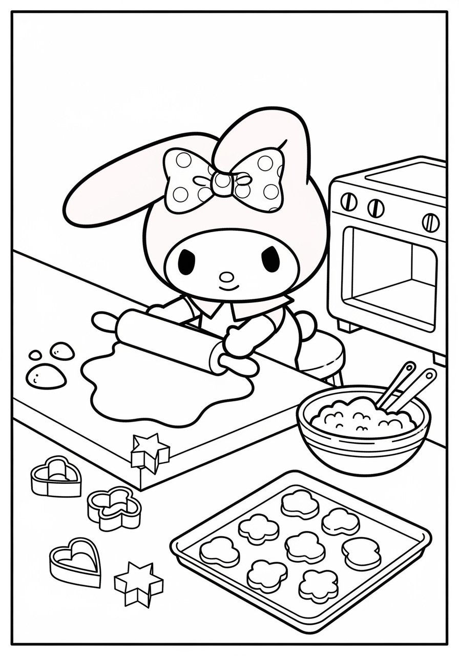 Desenho My Melody fazendo biscoitos na cozinha