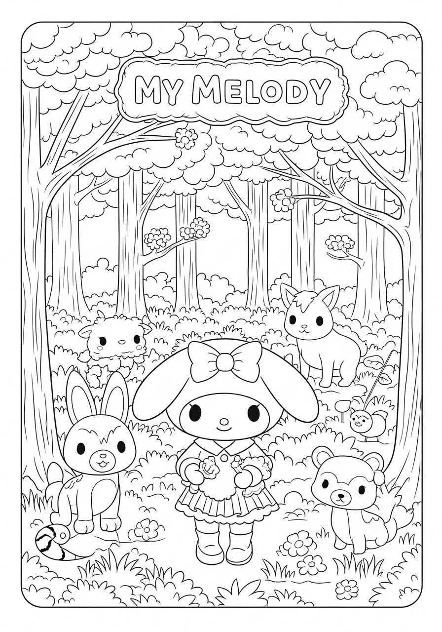 Desenho My Melody na floresta com animais para colorir