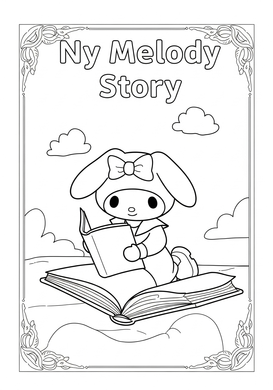 Desenho My Melody lendo um livro em um cenário alegre