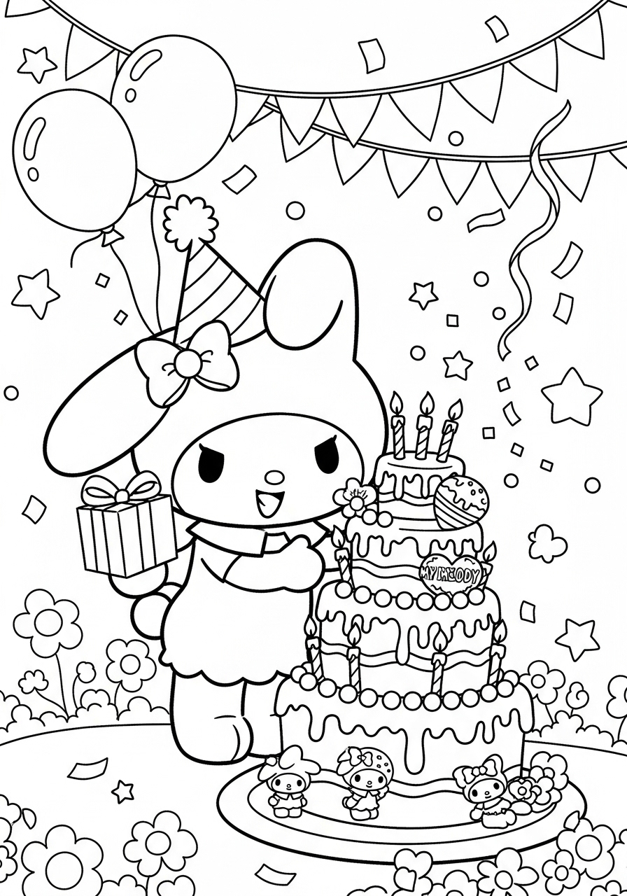 Desenho My Melody comemorando aniversário com bolo