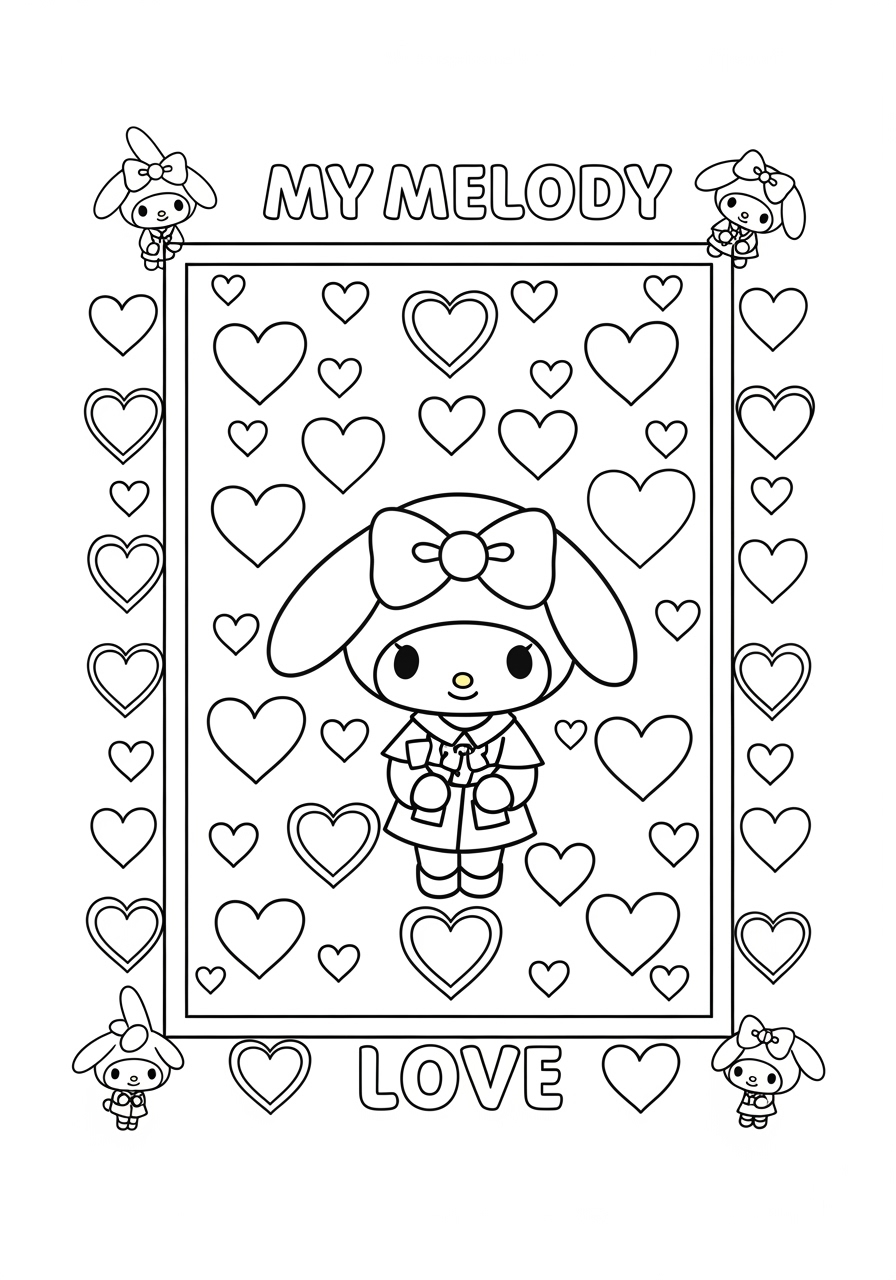 Desenho My Melody rodeada de corações para colorir