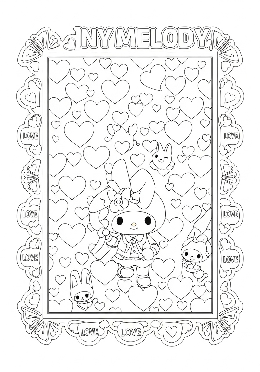 Desenho My Melody rodeada de corações para colorir