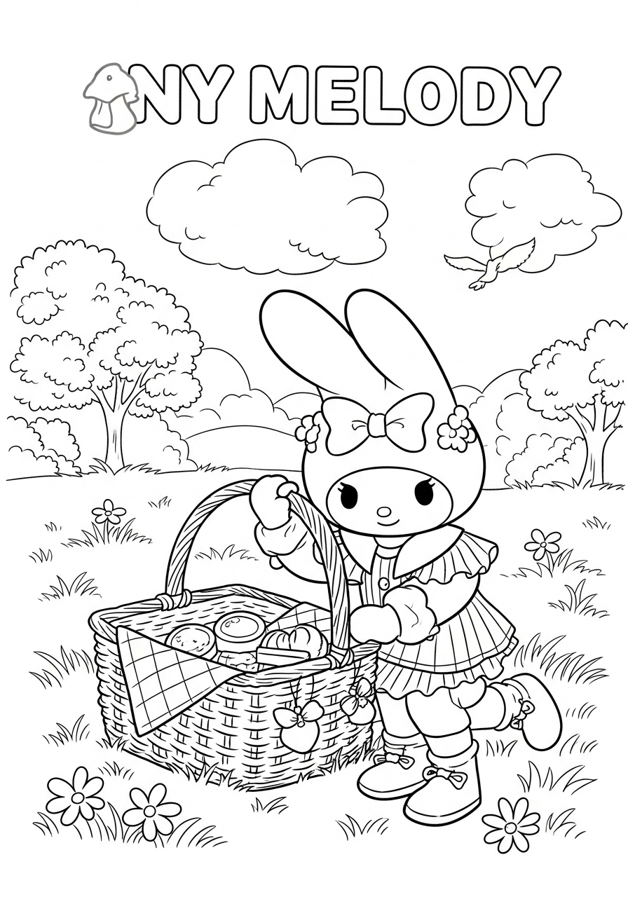 Desenho My Melody com cesta em cenário natural para colorir