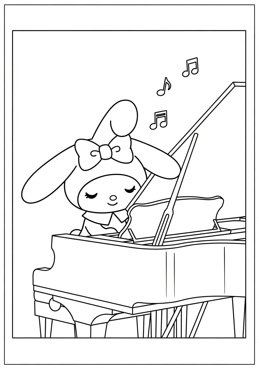 Desenho My Melody tocando piano com notas musicais
