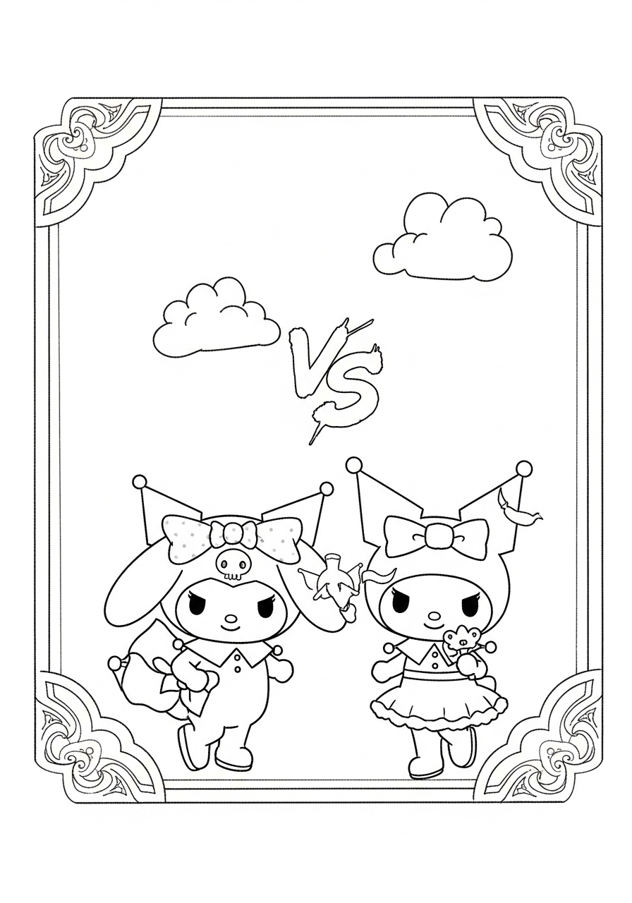 Desenho My Melody e kuromi com cenário para colorir