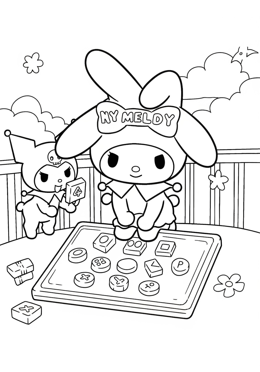 Desenho My Melody e kuromi jogando com formas para colorir