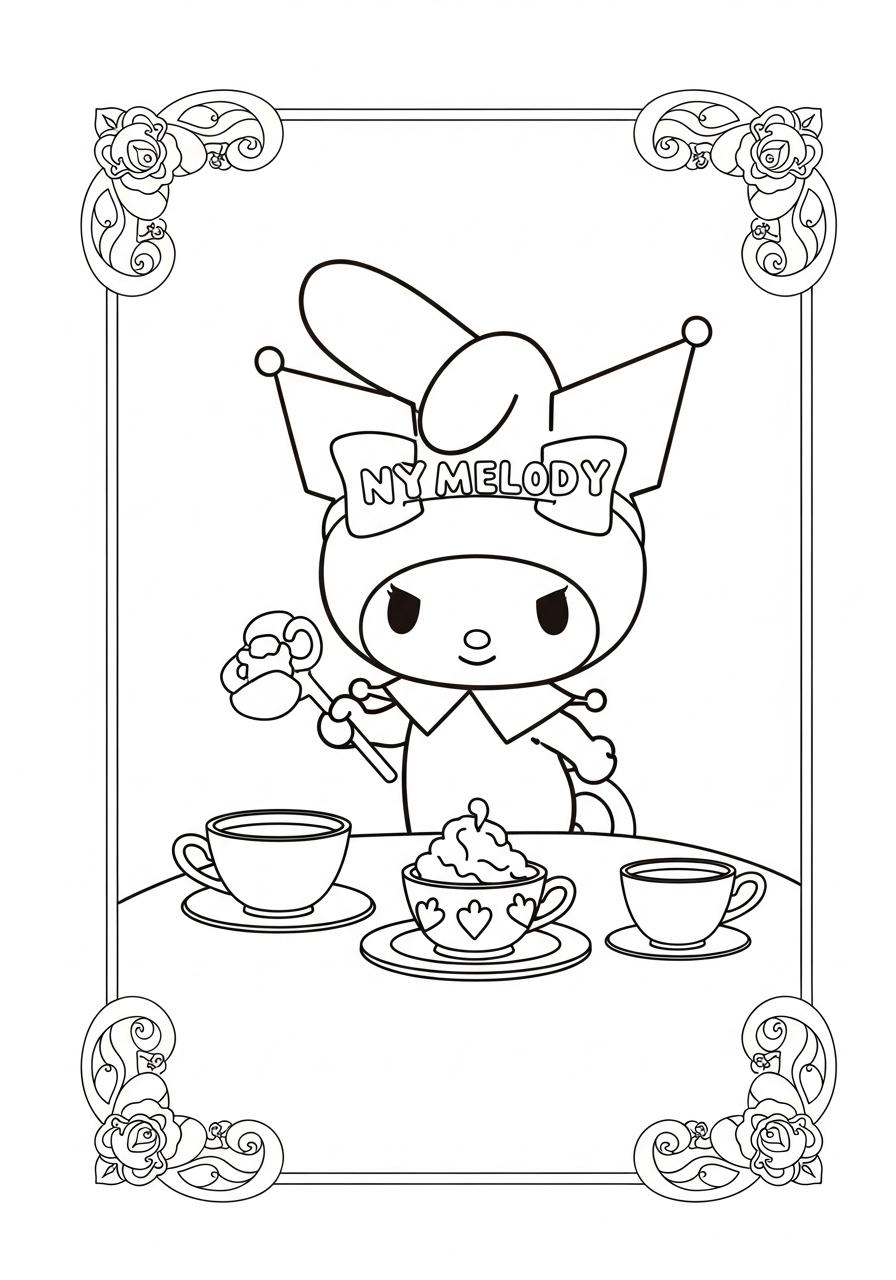 Desenho My Melody servindo chá em mesa com doces