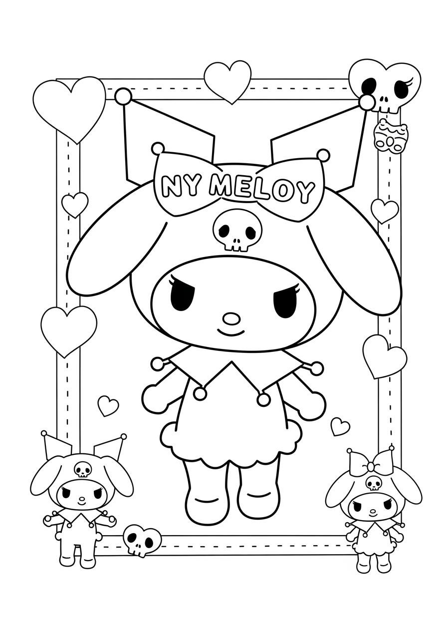 Desenho My Melody e kuromi em um fundo decorado para colorir