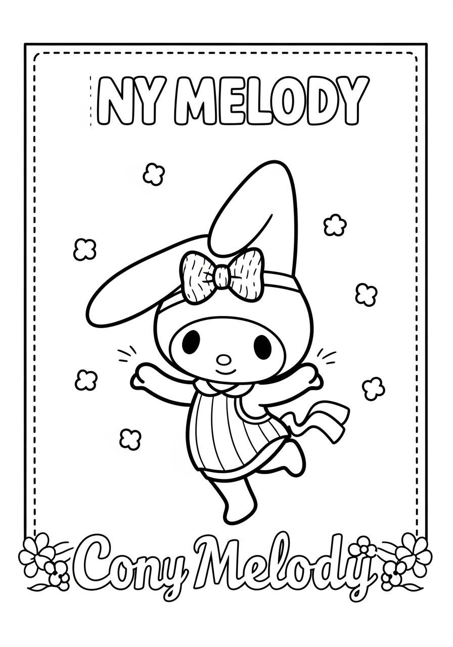 Desenho My Melody com laço e flores para colorir