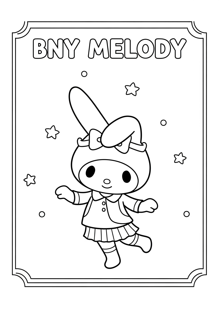 Desenho My Melody flutuando com estrelas para colorir