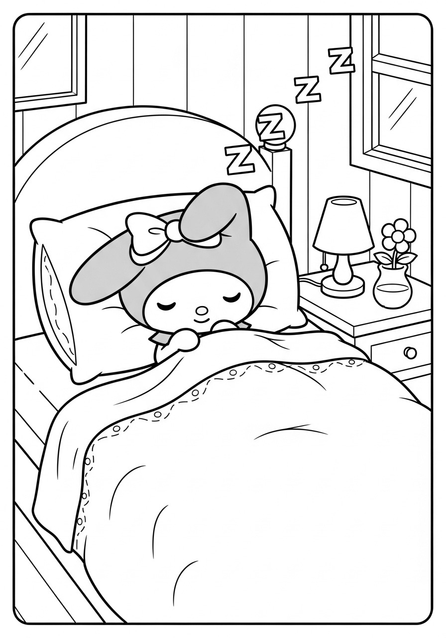 Desenho My Melody dormindo na cama com ambiente tranquilo