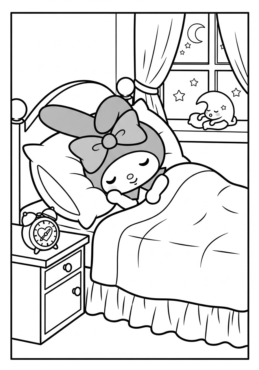 Desenho My Melody dormindo na cama com a lua e estrelas