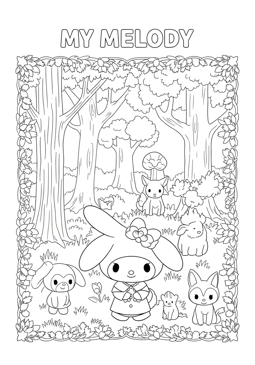 Desenho My Melody em um cenário natural com amigos