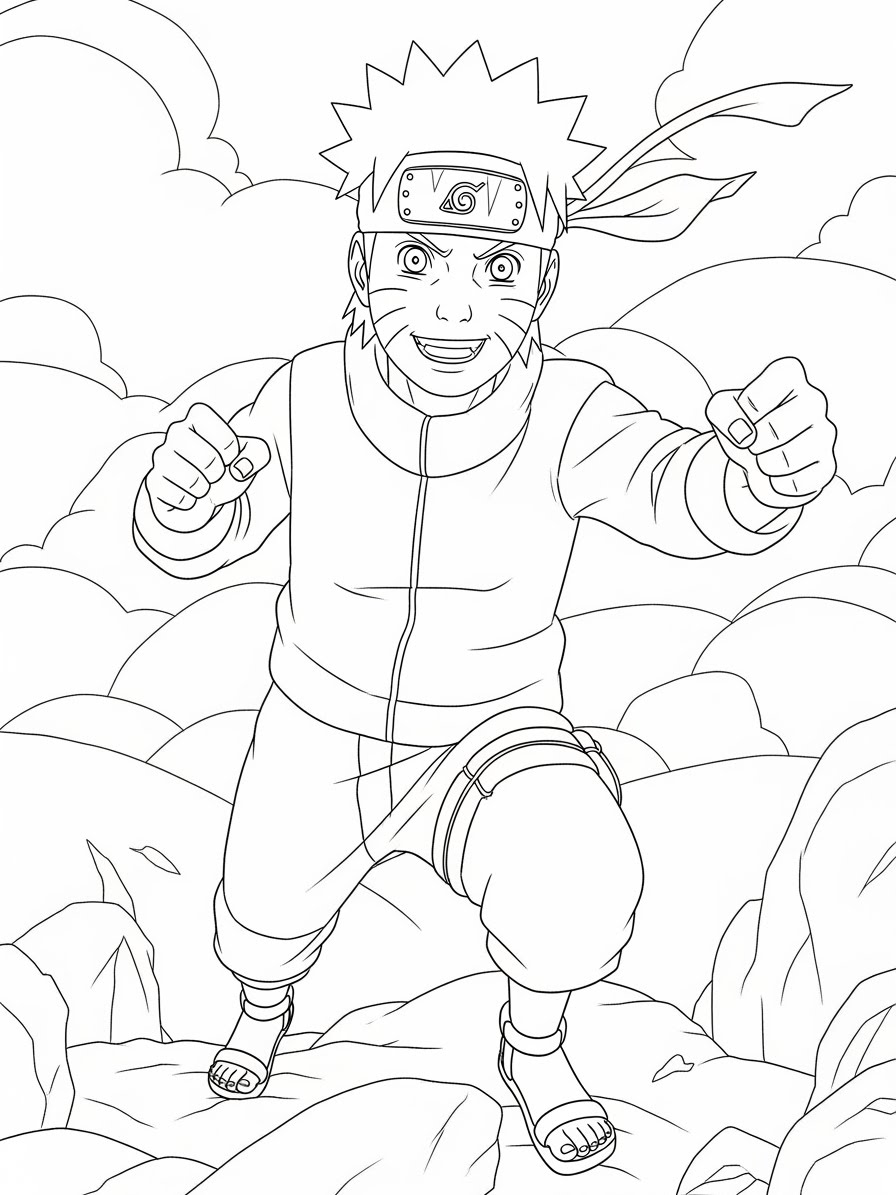 Desenho do Naruto sorrindo e se preparando para lutar para colorir