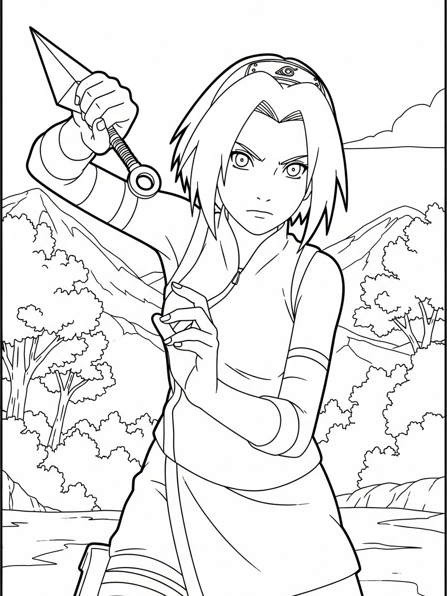 Desenho da Sakura com kunai pronta para colorir