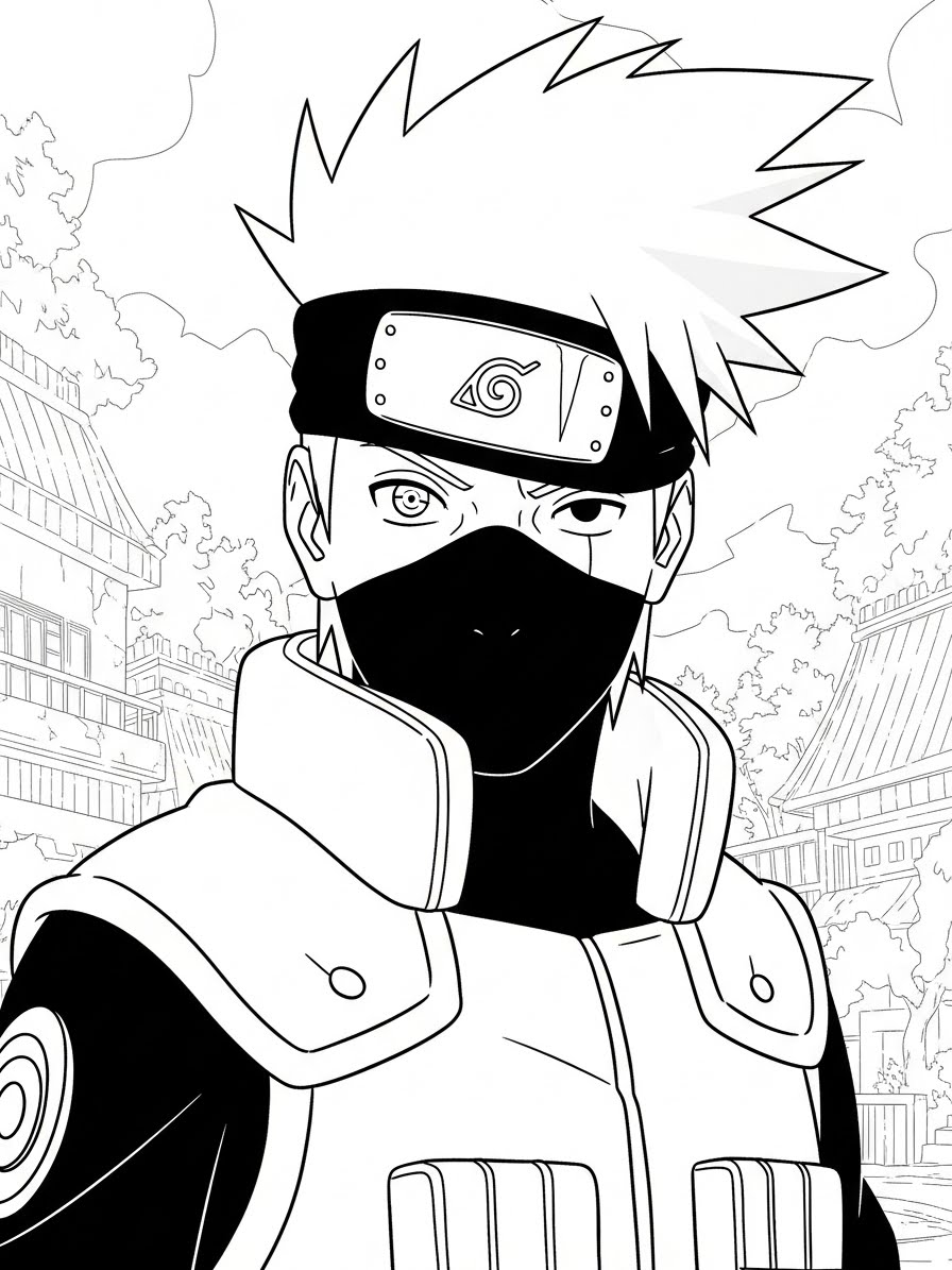 Desenho do Kakashi com fundo de vilarejo para colorir