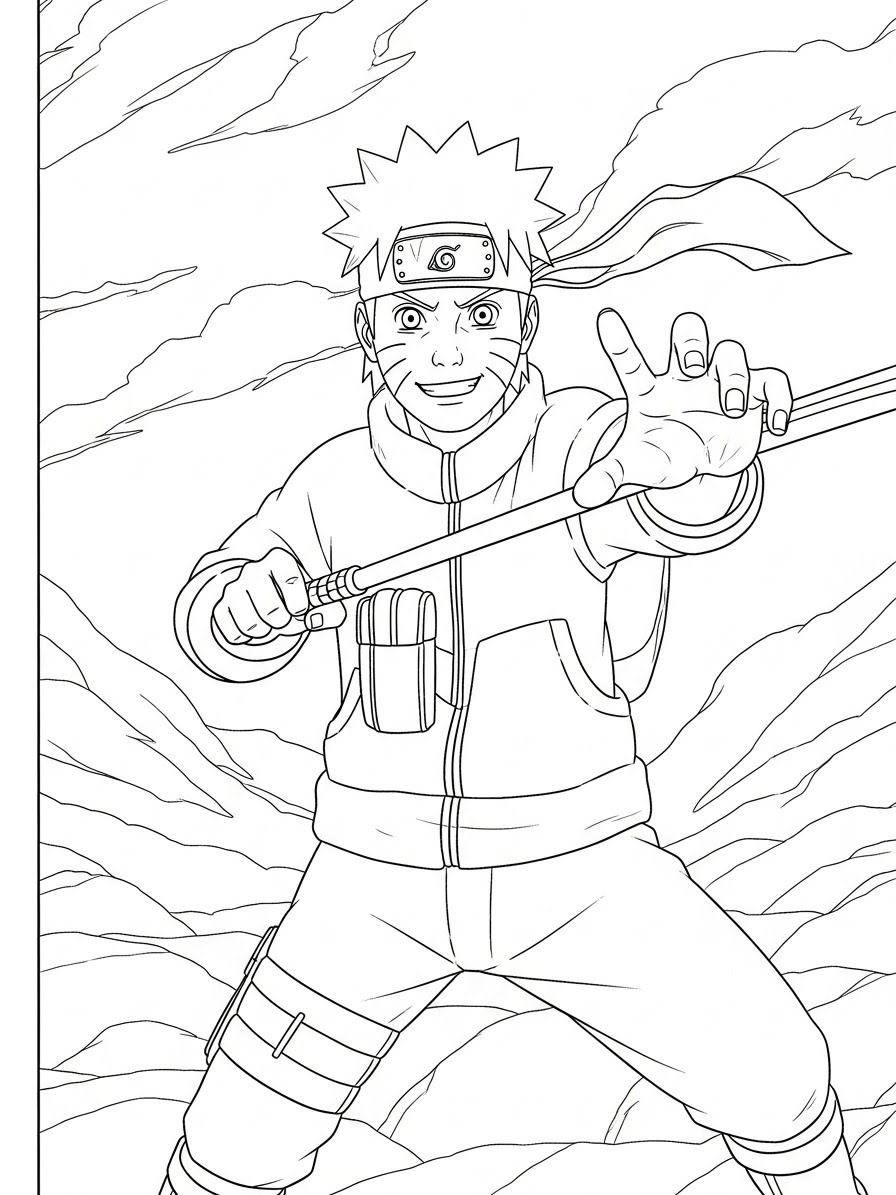 Desenho do Naruto com um bastão para colorir