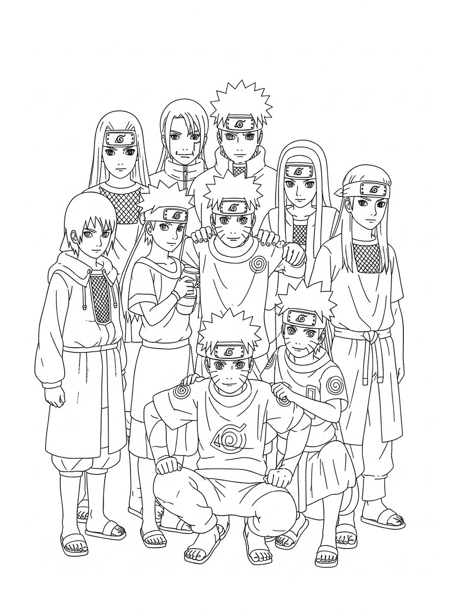 Desenho do Naruto e amigos em grupo para colorir