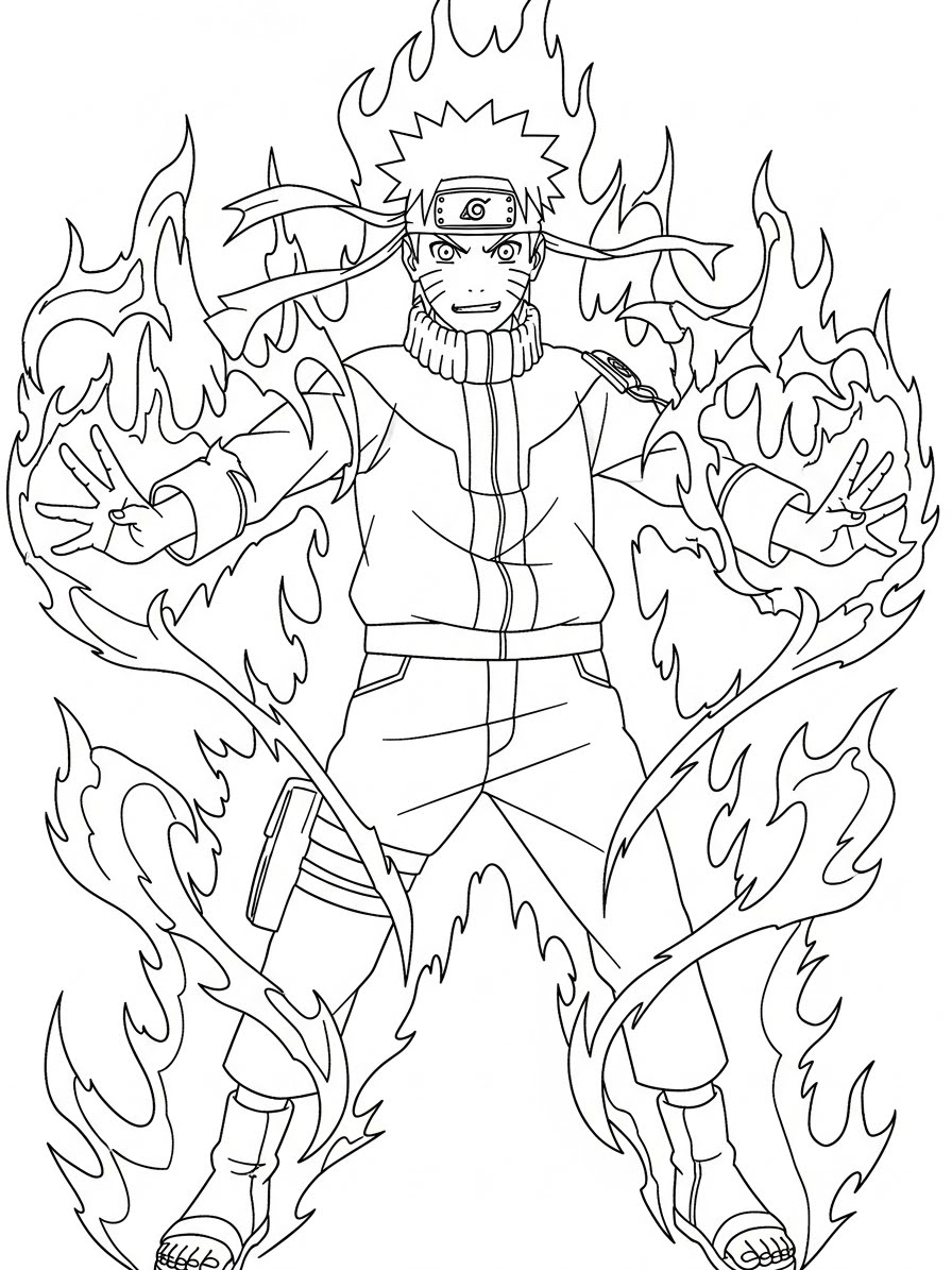 Desenho do Naruto com chamas ao redor para colorir