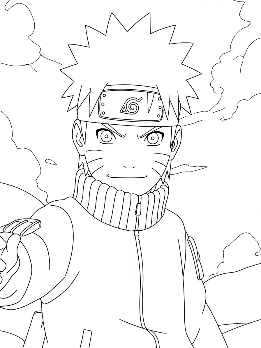 Desenho do Naruto sorrindo e segurando uma kunai para colorir