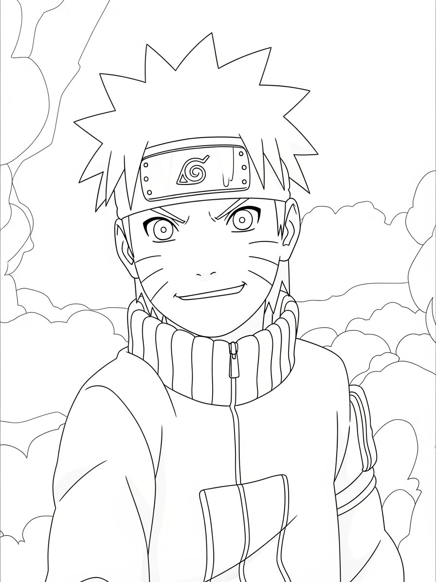 Desenho do Naruto sorrindo com fundo de nuvens para colorir