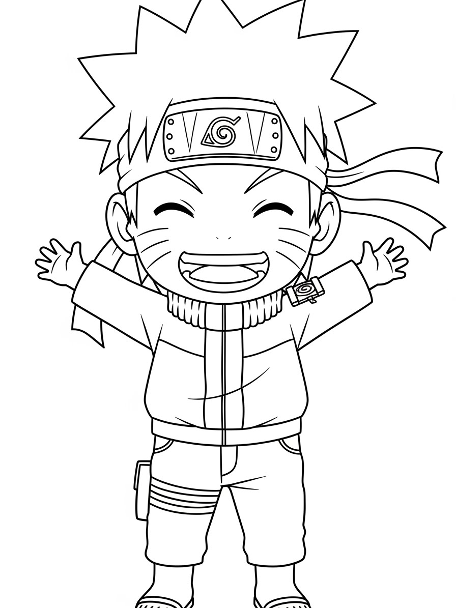 Desenho do Naruto feliz com os braços abertos para colorir