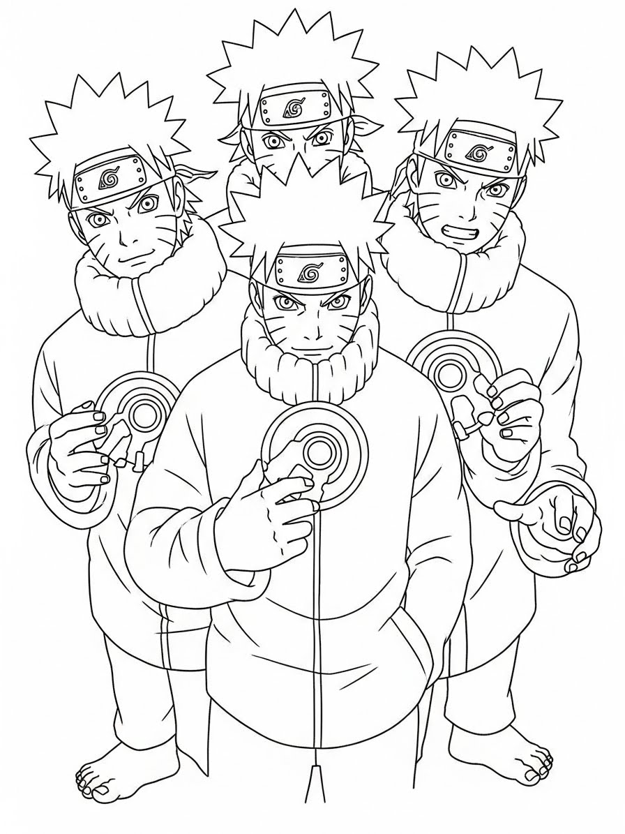 Desenho do Naruto com quatro versões para colorir