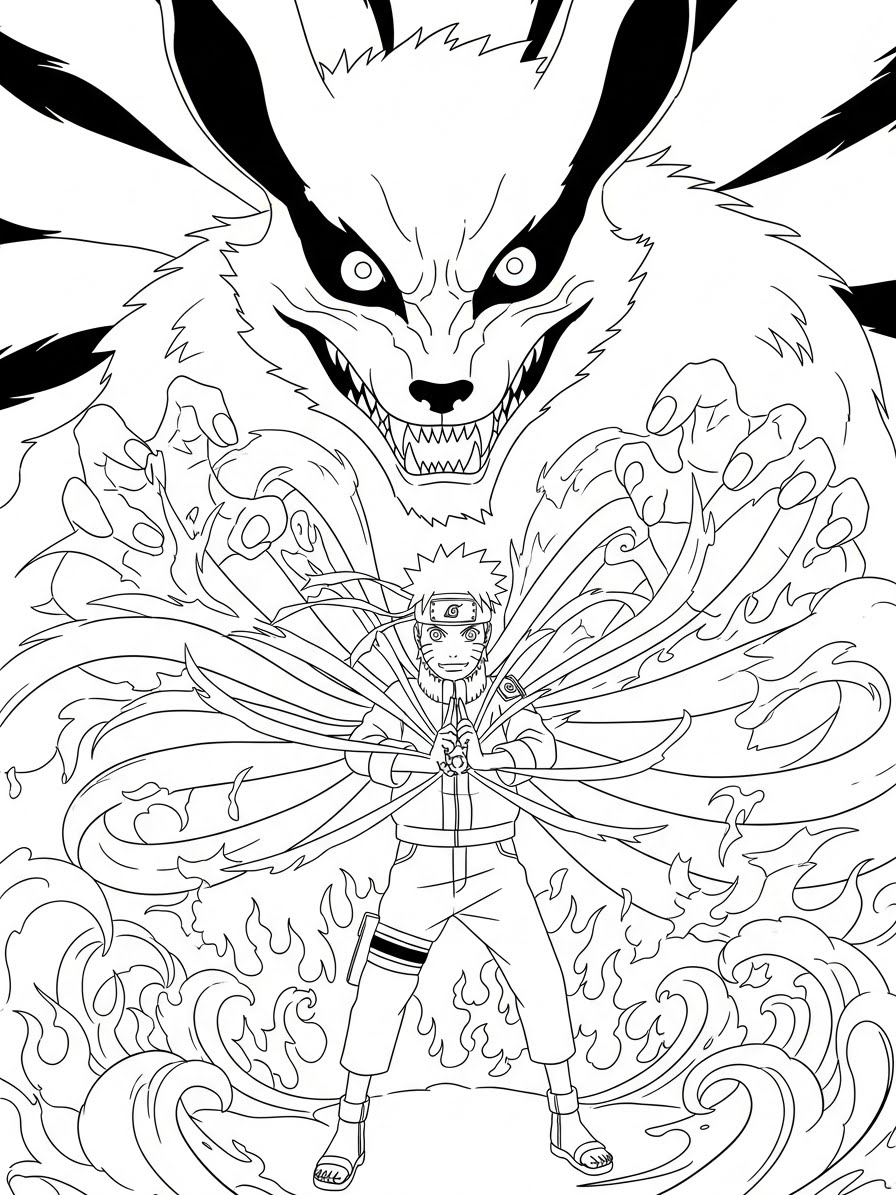 Desenho do Naruto com a raposa de nove caudas para colorir