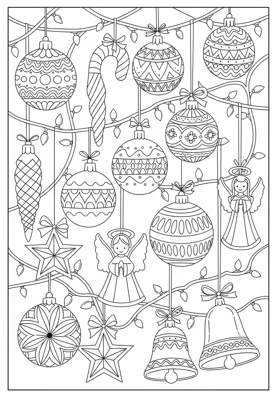 Desenho de Natal com enfeites e anjos para colorir