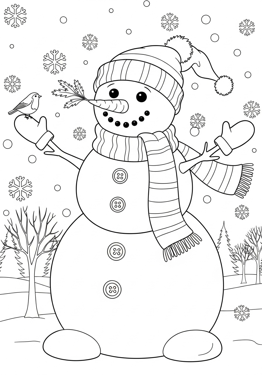 Desenho de Natal com boneco de neve e passarinho para colorir