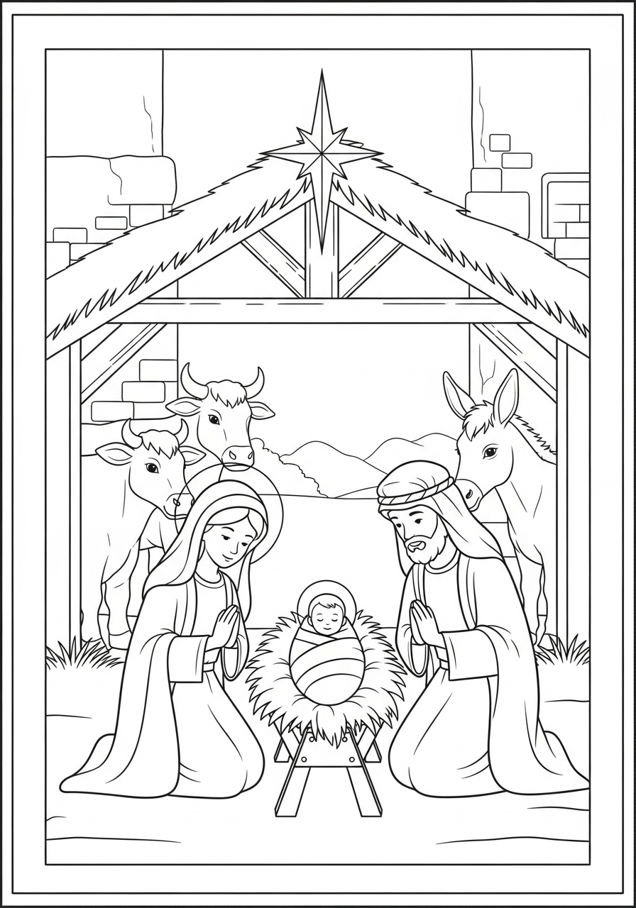 Desenho de Natal com a cena do nascimento de Jesus para colorir
