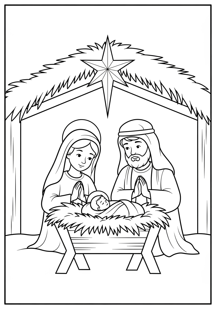 Desenho de Natal com a cena do nascimento de Jesus para colorir