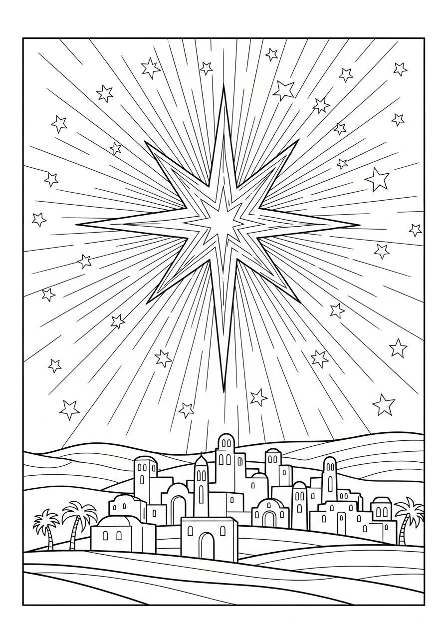 Desenho de Natal com Estrela e Cidade para colorir
