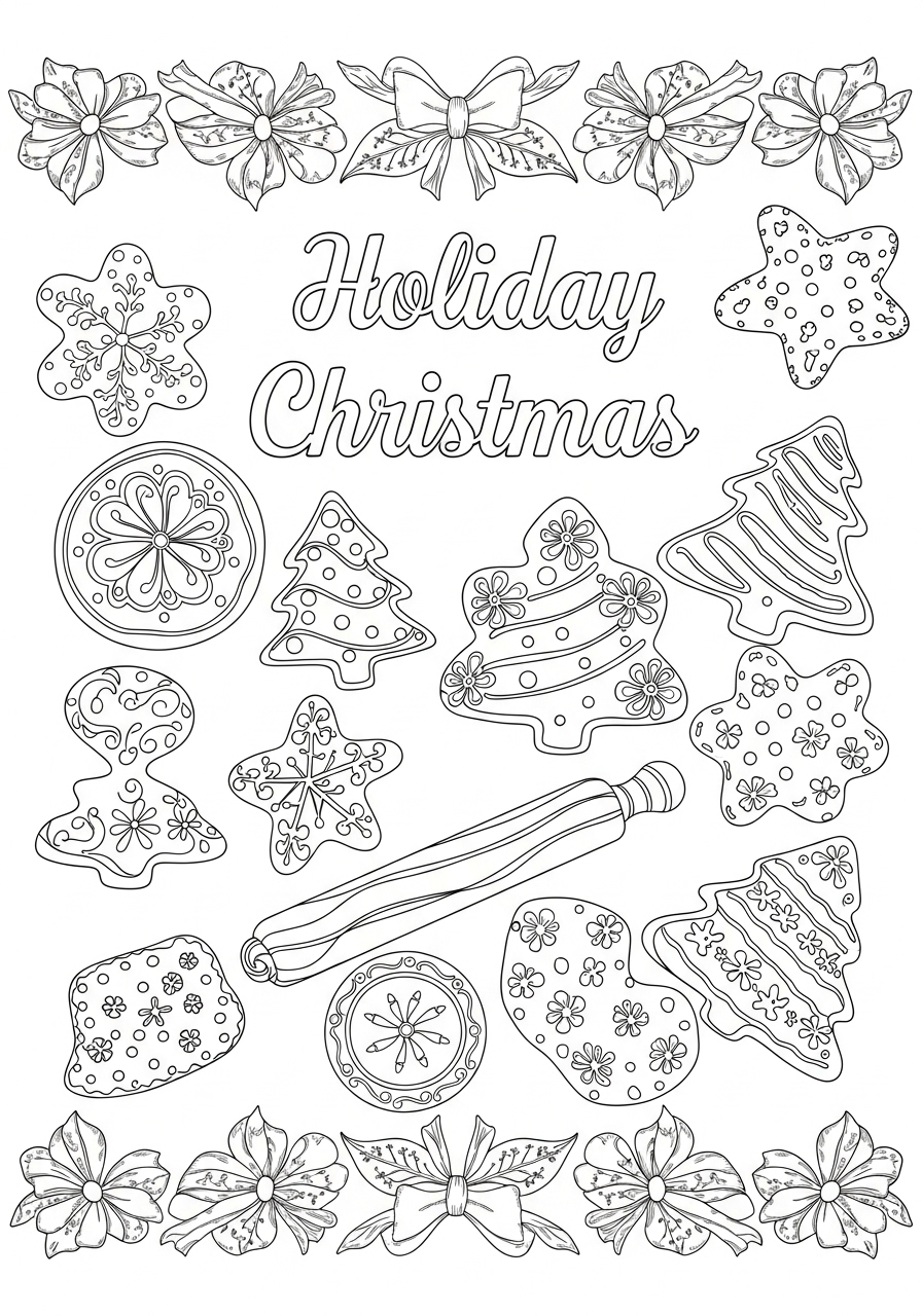 Desenho de Natal com biscoitos e árvores para colorir