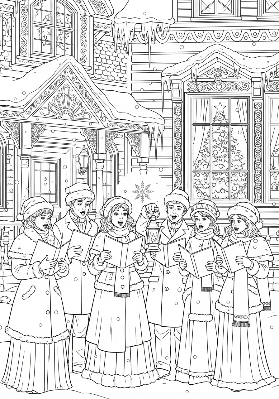 Desenho de Natal com grupo de pessoas cantando para colorir
