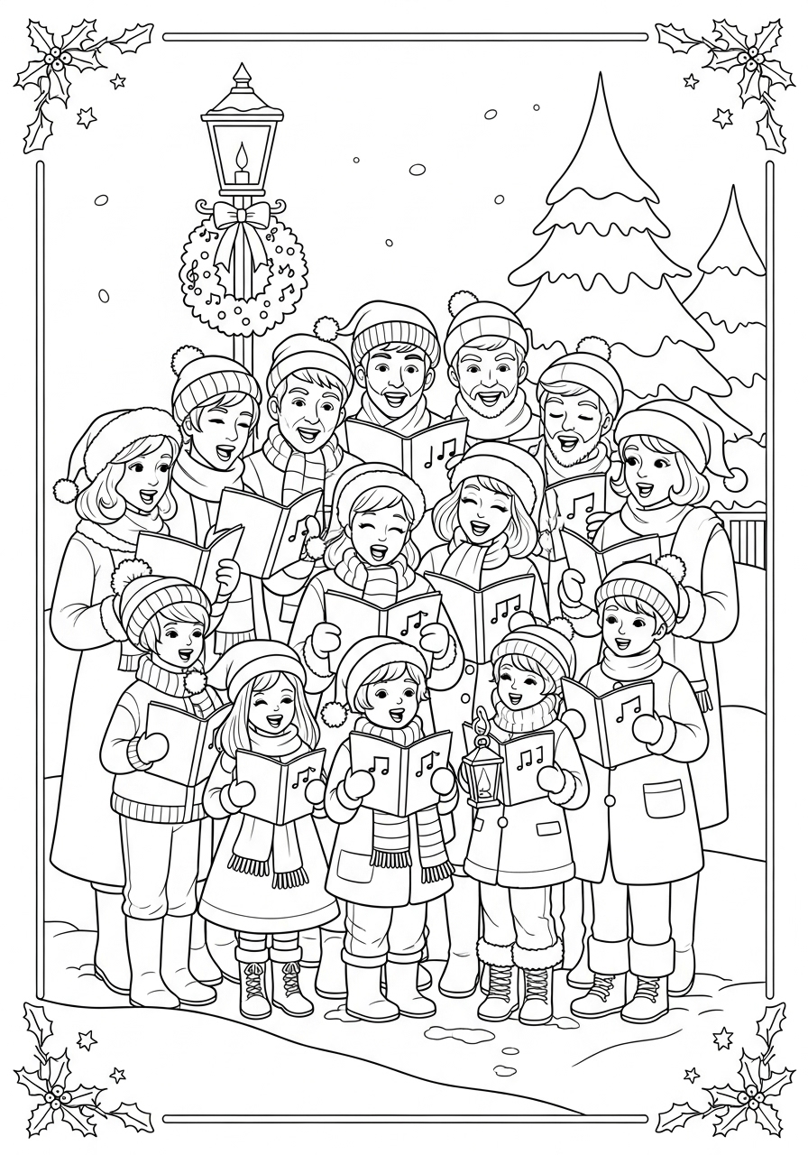 Desenho de Natal com coro de pessoas para colorir