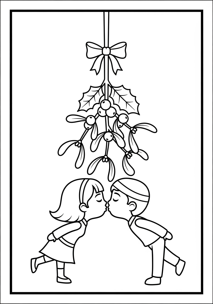 Desenho de Natal com crianças se beijando para colorir