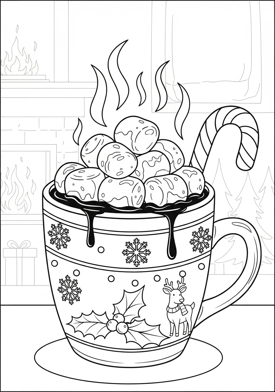 Desenho de Natal com caneca de chocolate quente para colorir