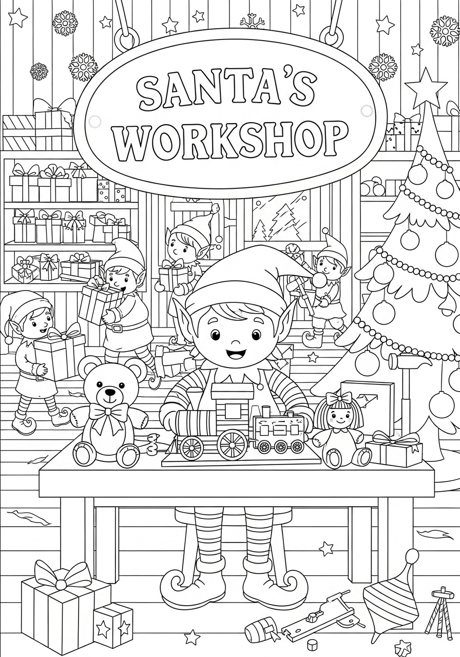 Desenho de Natal com oficina do Papai Noel para colorir